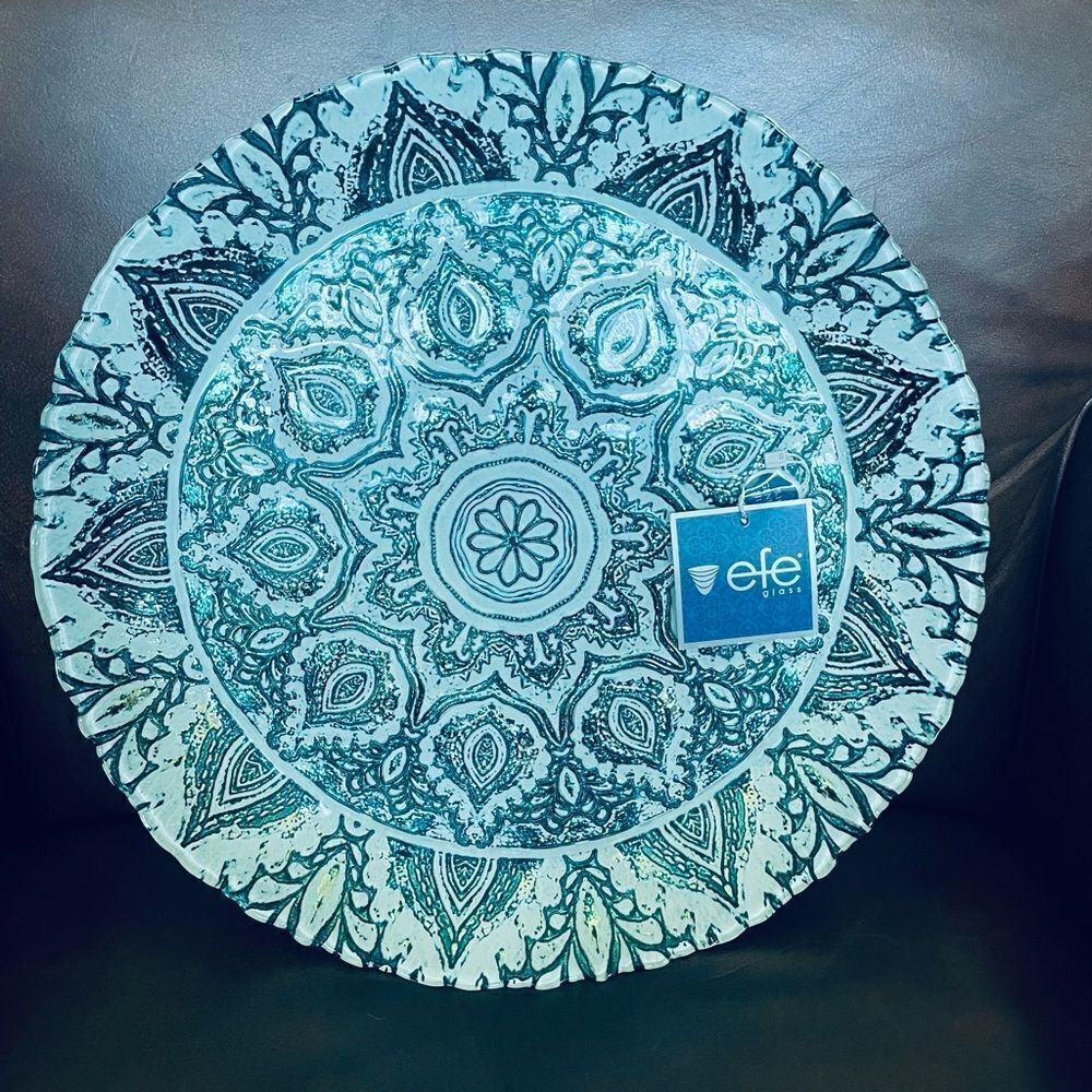 Teal Silver Glass Serving Platter Decor Tray